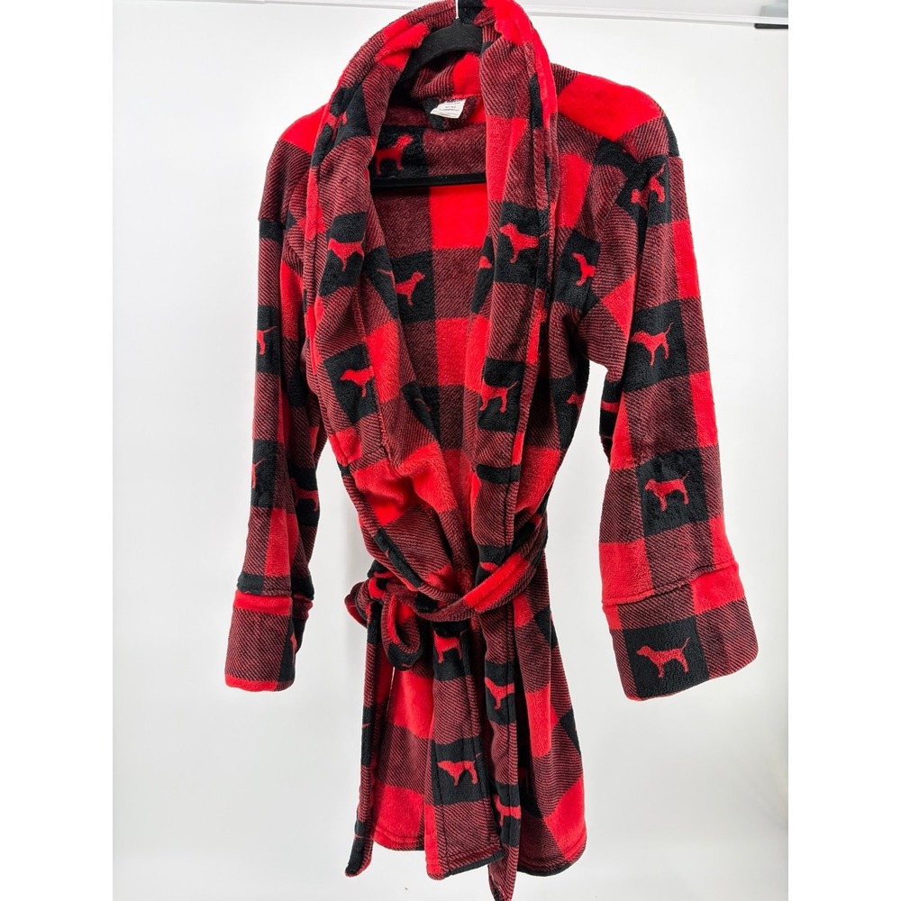 Victoria's Secret Robe Buffalo Plaid Dog Logo Plush Bath Robe Black Red Size M/L